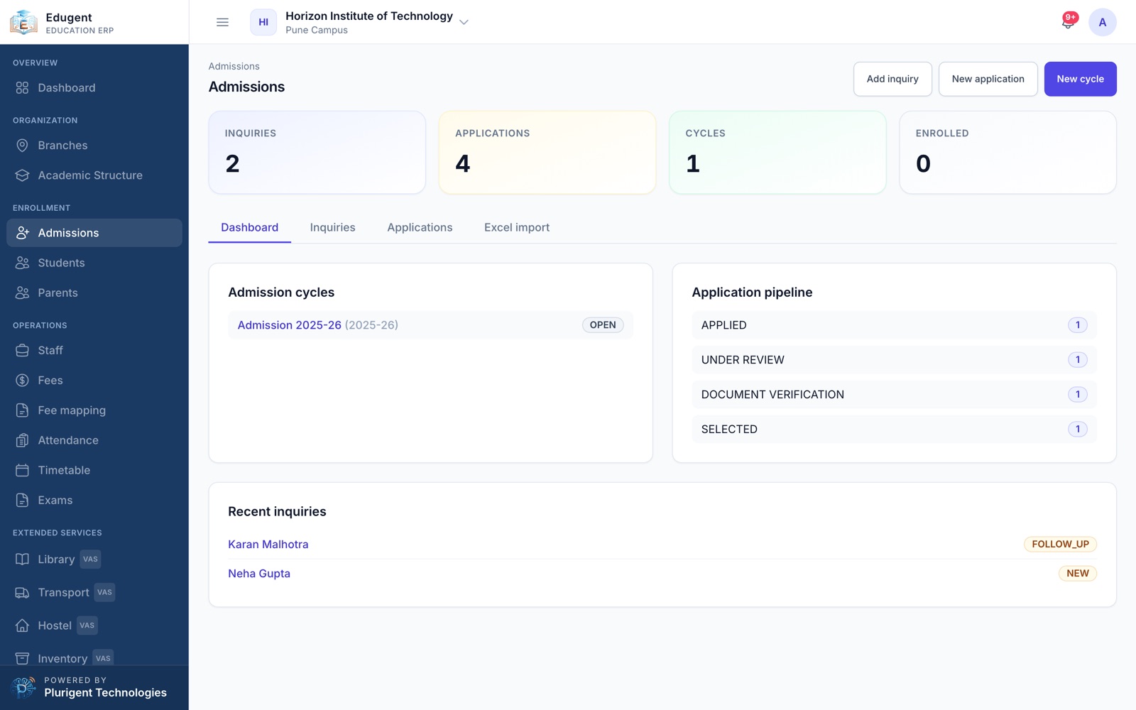 Edugent admissions screen with enquiry, application, cycle and enrolment counts, an application pipeline and recent enquiries