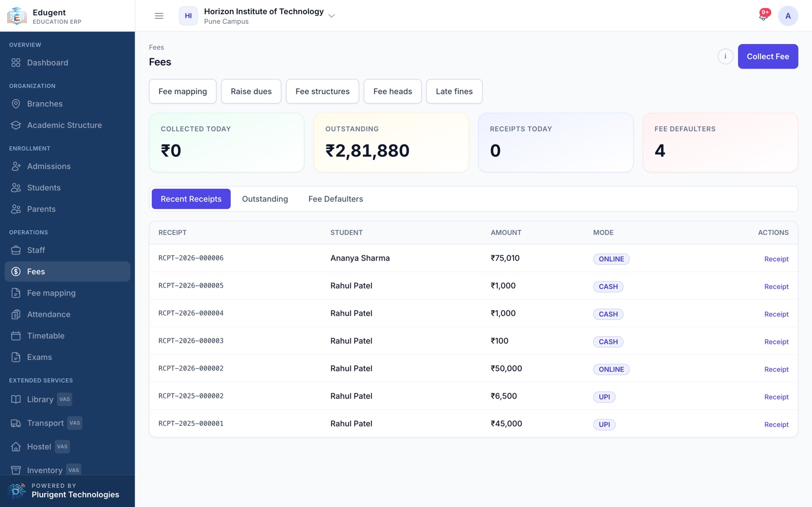 Edugent fees screen with amounts collected today, outstanding fees, receipts and a list of recent receipts by payment mode